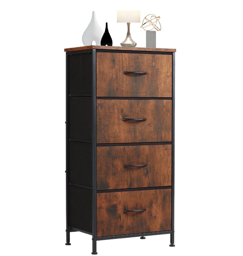 ZUNMOS 4 Drawer Fabric Dresser for Bedroom, Tall Chest of Drawer Organizer Storage Cabinet for Closet, Entryway, Rust Brown