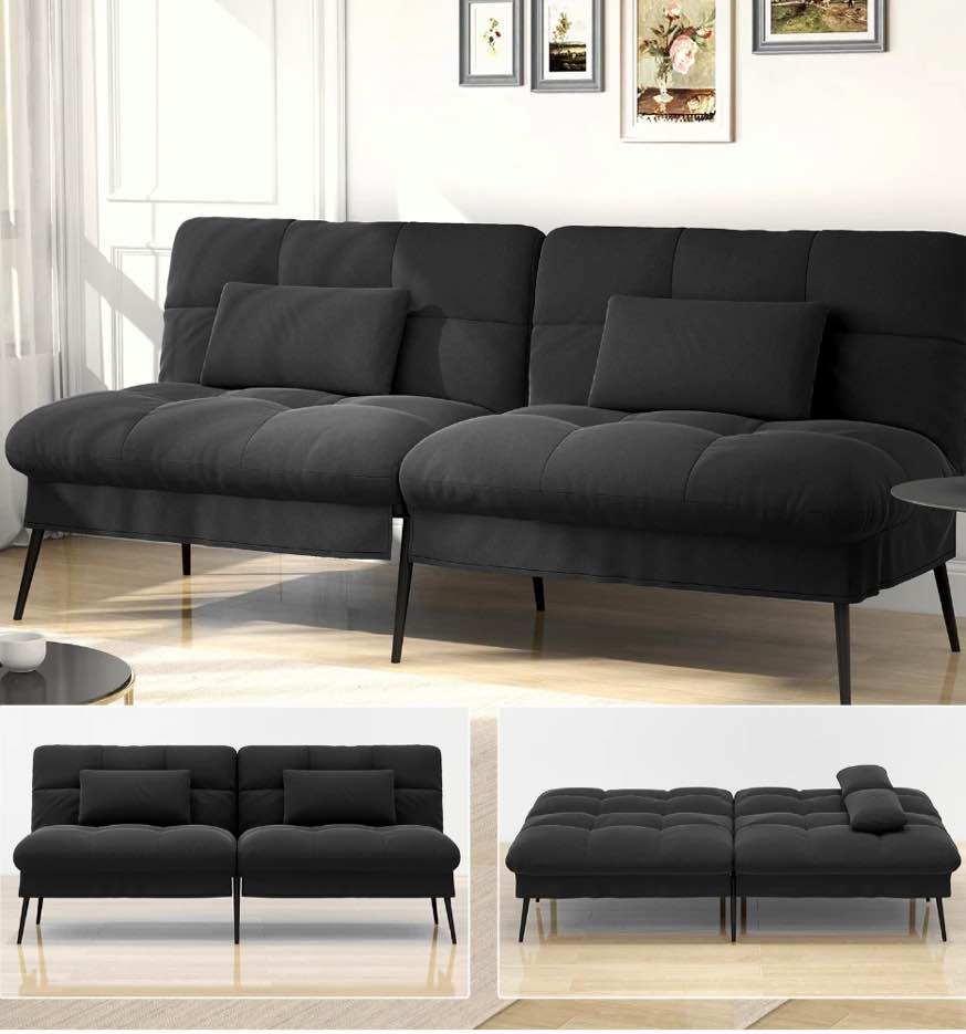 COMHOMA Convertible Futon Sofa Bed 72? W Large Size Upholstered Futon Couch Fabric Sleeper Sofa,Black