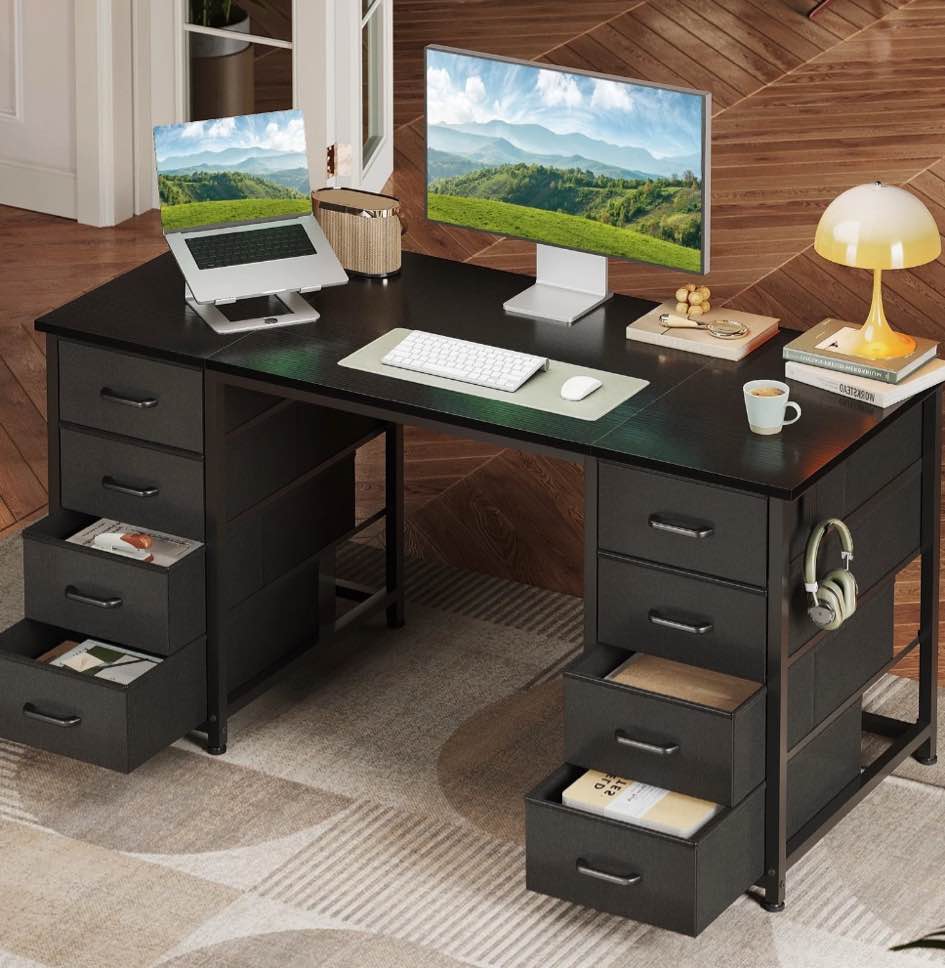 Black Computer Desk with Drawers for Storage - 48 inch Home Office Desk with 8 Fabric Drawers, Writing Study Desk with Drawers on Both Sides for Bedroom