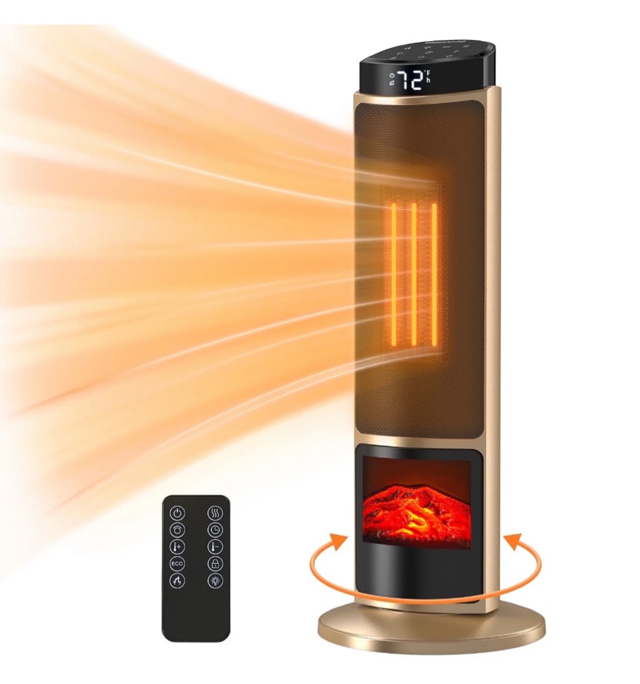 EDX 1500W Space Heater for Indoor Use, 23" Electric Heater with 7 Light Colors, 70° Oscillation, Adjustable Thermostat & Remote, Tip-Over Protection, Gold