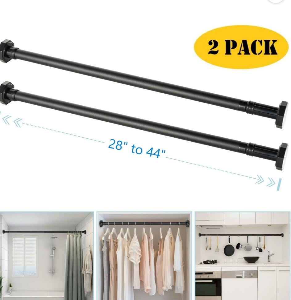 BEAMNOVA 28"-44" Adjustable Tension Curtain Rod, No Drilling Telescopic Tension Rods for Wardrobe Closet Windows Curtains, Black (2 Pack)