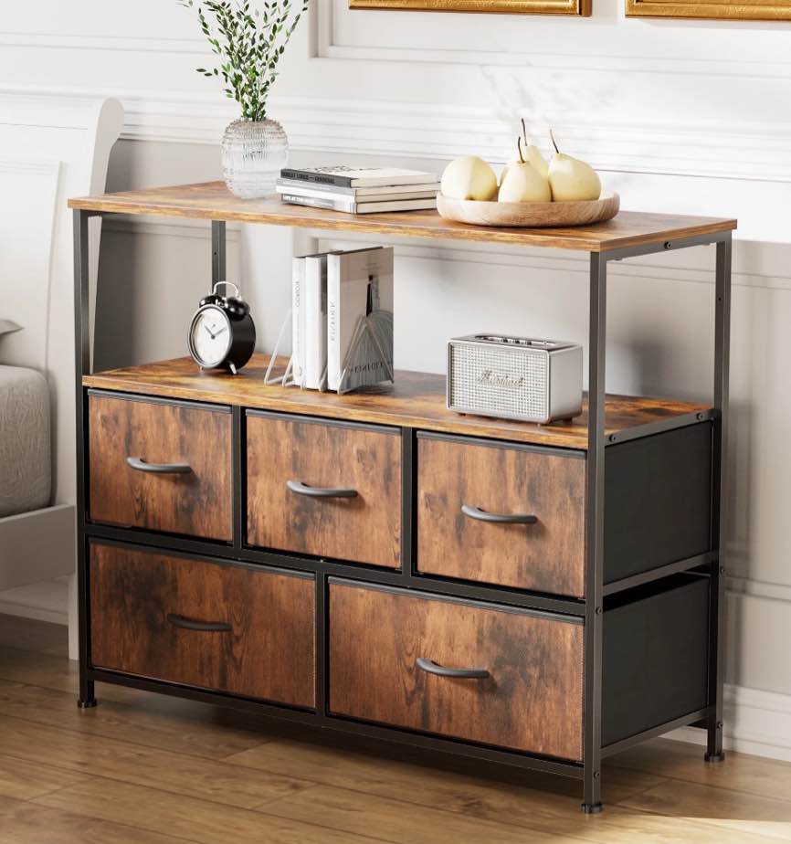 ZUNMOS TV Stand with 5 Drawer Dresser Open Shelves, Fits TV up to 45 Inches, Rust Brown