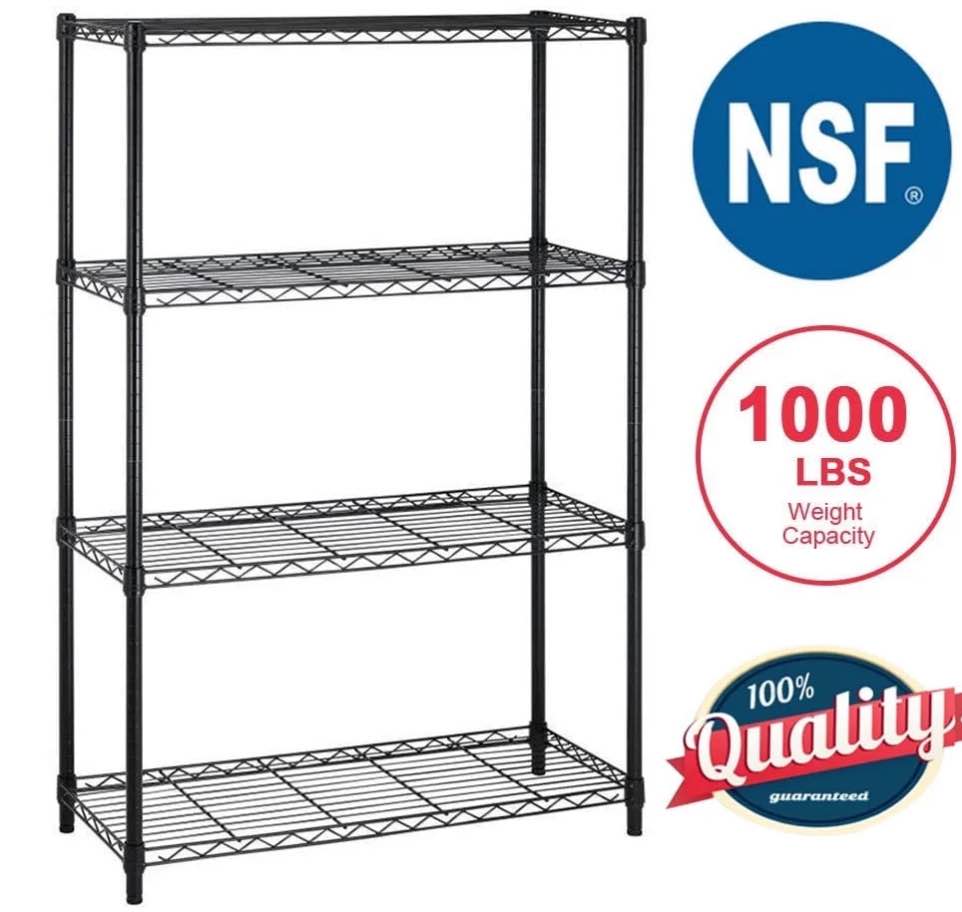 BestOffice 4 Shelf Wire Shelving Unit Garage NSF Wire Shelf Metal Storage Shelves Heavy Duty Height Adjustable for 1000 lbs Capacity Black