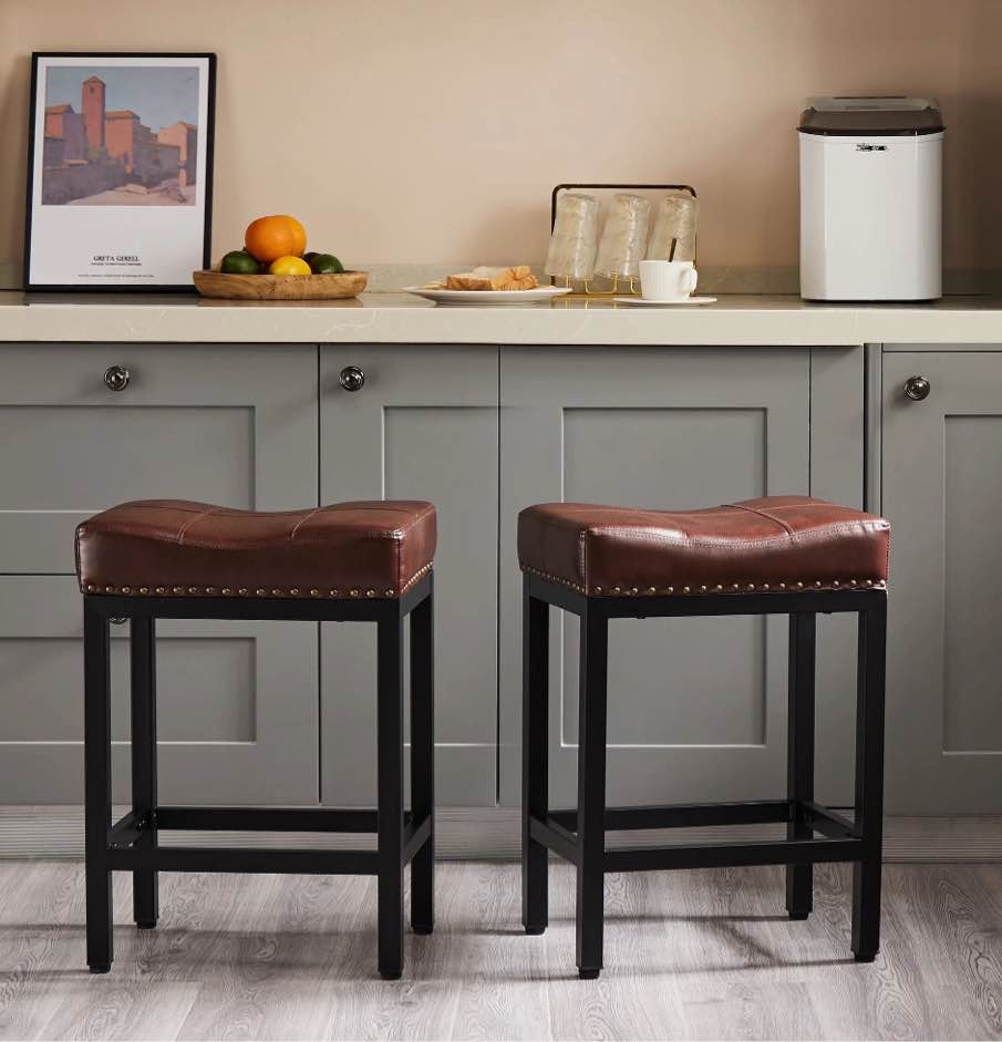 edx Bar Stools Set of 2, Modern Counter Height, 24 Inch Kitchen Barstools with Metal Base, PU Leather Saddle Seats for Kitchen Island, Brown