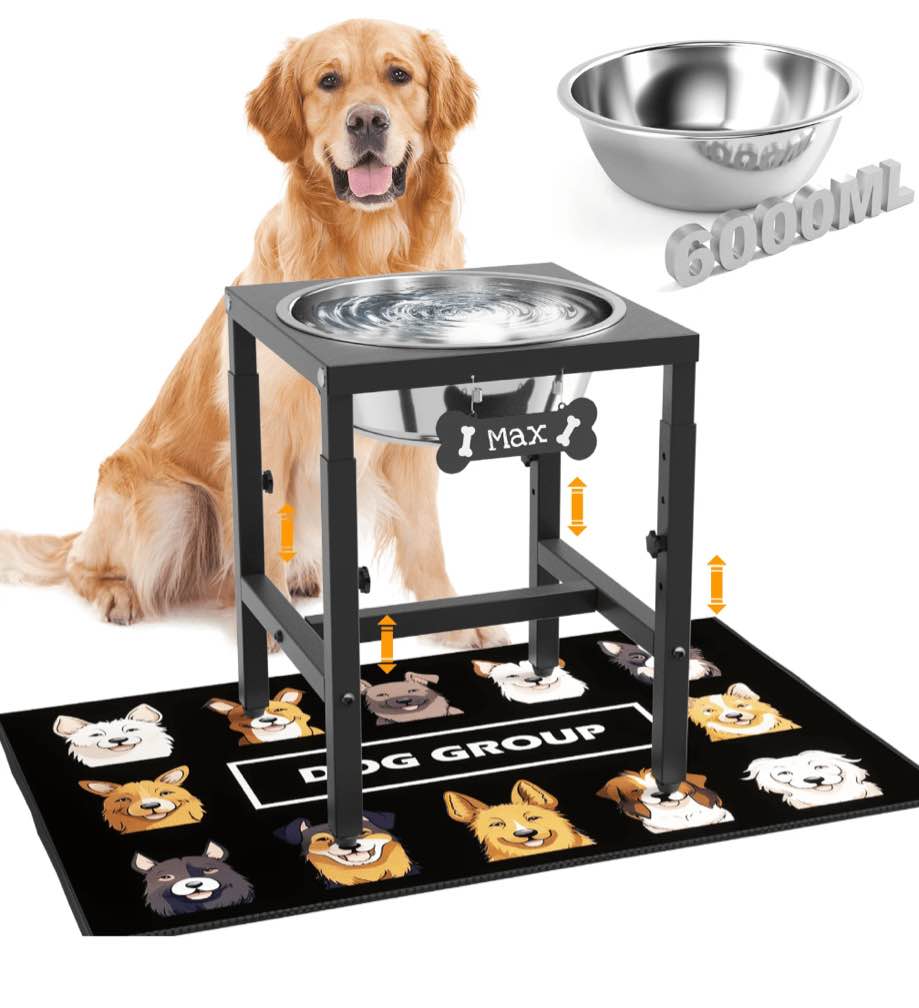 1.6 gallon elevated dog water bowl for large dogs, 4-height adjustable (15–20'') raised stainless steel bowl with spill-proof mat & sturdy metal stand