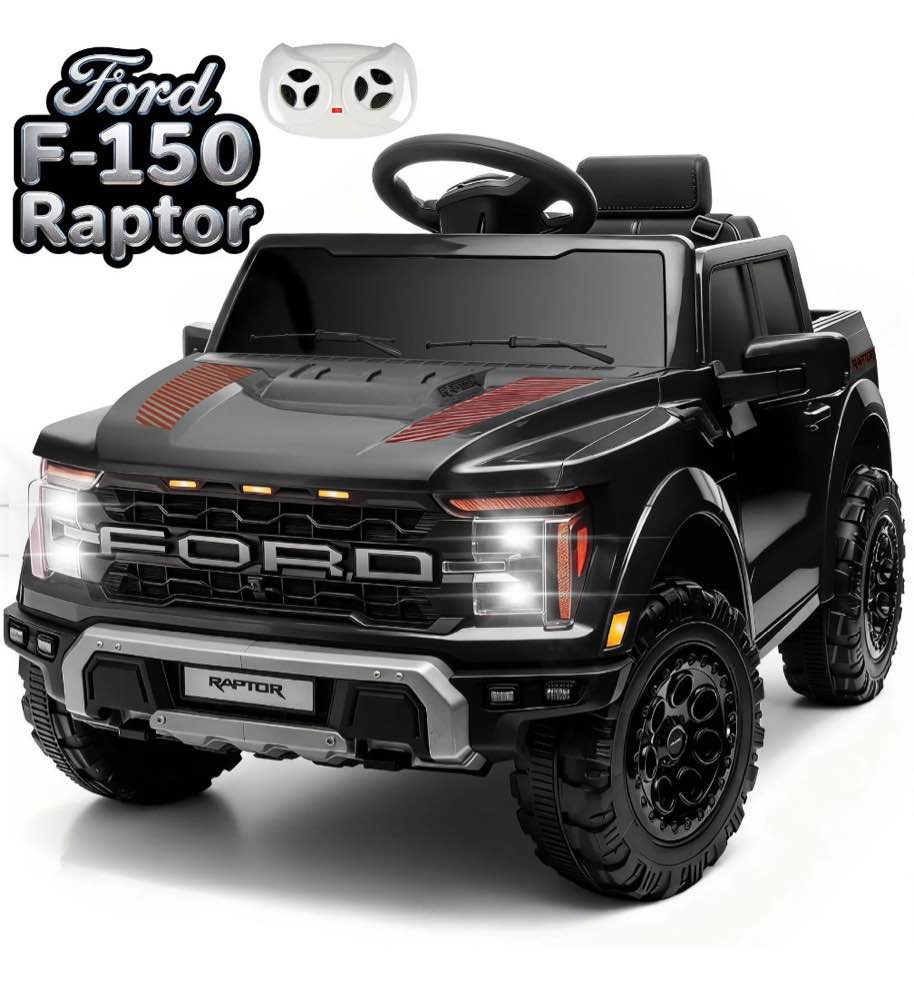 CASEMIOL 12V Ford F150 Raptor Kids Ride On Truck, Electric Car with Remote Control, Bluetooth Music, Suspension Wheels, Ride On Toys for Boys & Girls Ages 3-5, Gift for Kids, Black