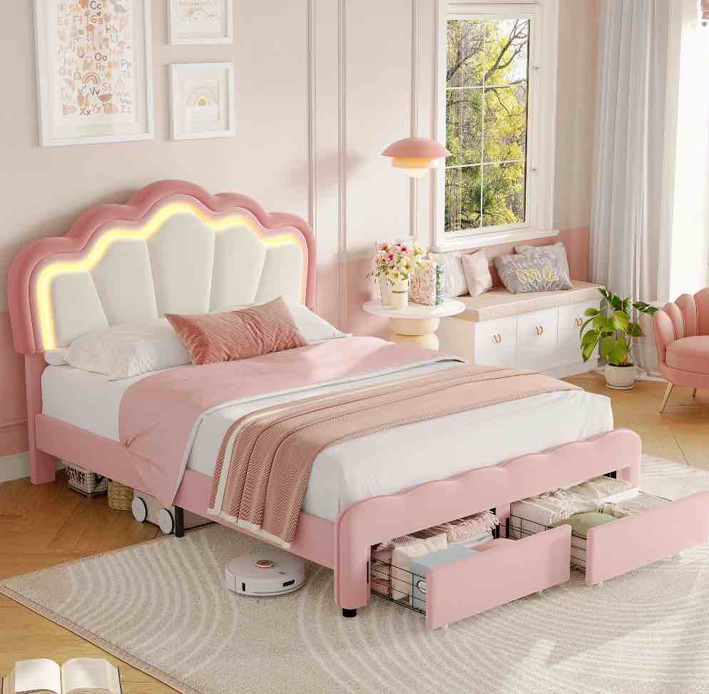 Homfa Full Size LED Bed Frame with 2 Drawers, Velvet Upholstered Platform Bed Frame with Adjustable Petal Headboard for Kid, Pink