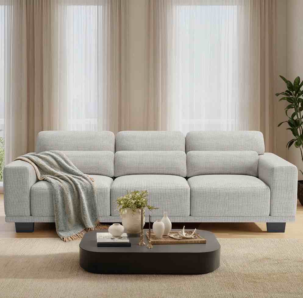 CHITOOMA 89" 3 Seater Sofa, Upholstered Couch with 3 Pillows and Removable Linen Cover, Deep Seat Sofa with Wide Armrests for Living Room, Bedroom, or Office, Gray