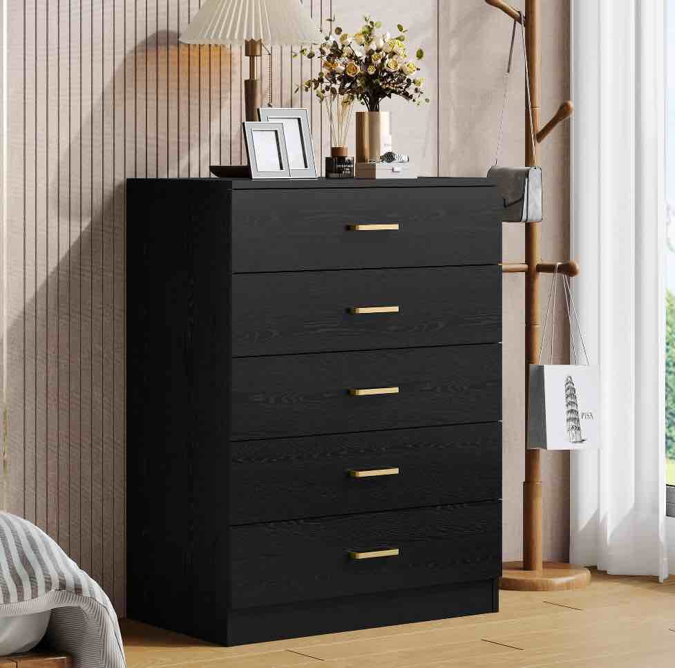 UHOMEPRO Black 5 Drawer Dresser, Chest of Drawers for Bedroom, Modern Storage Cabinet Dresser Organizer Unit with Handle for Living Room, Closet, Hallway