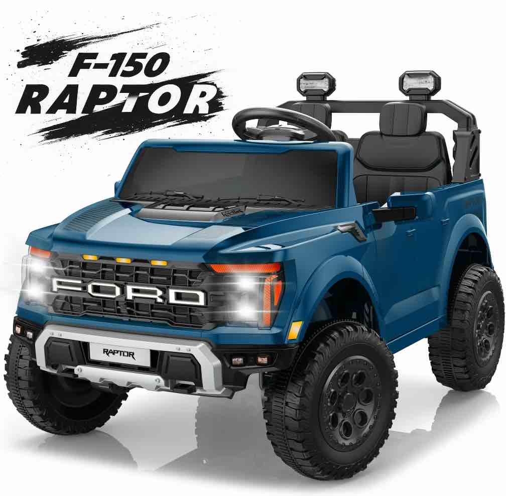 24V Ride on Cars 2 Seater for Kids, Ford F150 Raptor Battery Powered Ride on Toys Truck with Remote Control, 4 Wheels Spring Suspension, Electric Car for Kids Toddler 3-8 w/Bluetooth & Lights, Blue