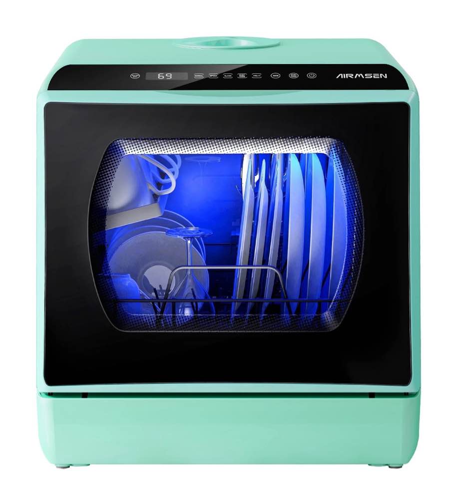 AIRMSEN Portable Countertop Dishwasher with 5-Liter Built-in Water Tank and Air-Dry Function, 5 Washing Programs Mini Dishwasher, Mint Green