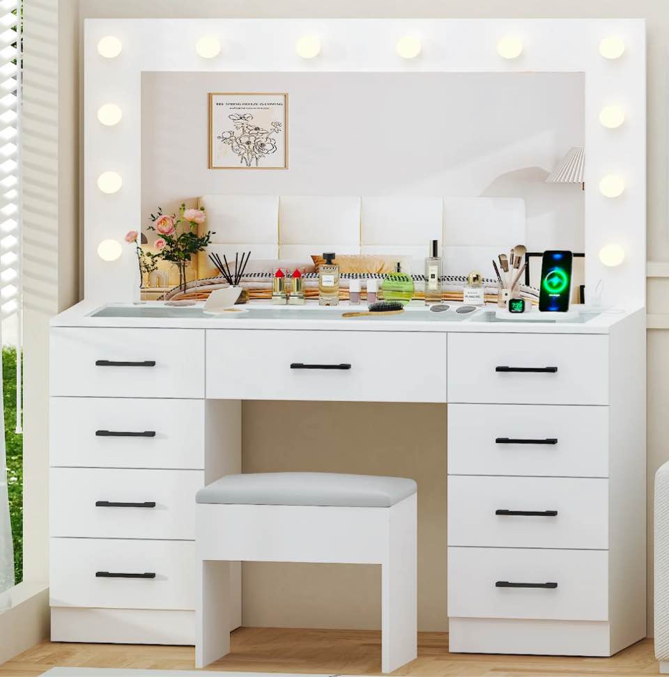 Ktaxon Large Makeup Vanity, Get Ready with Me GRWM Vanity Table Set w/ Visible Glass Top w/ Charging Station, White