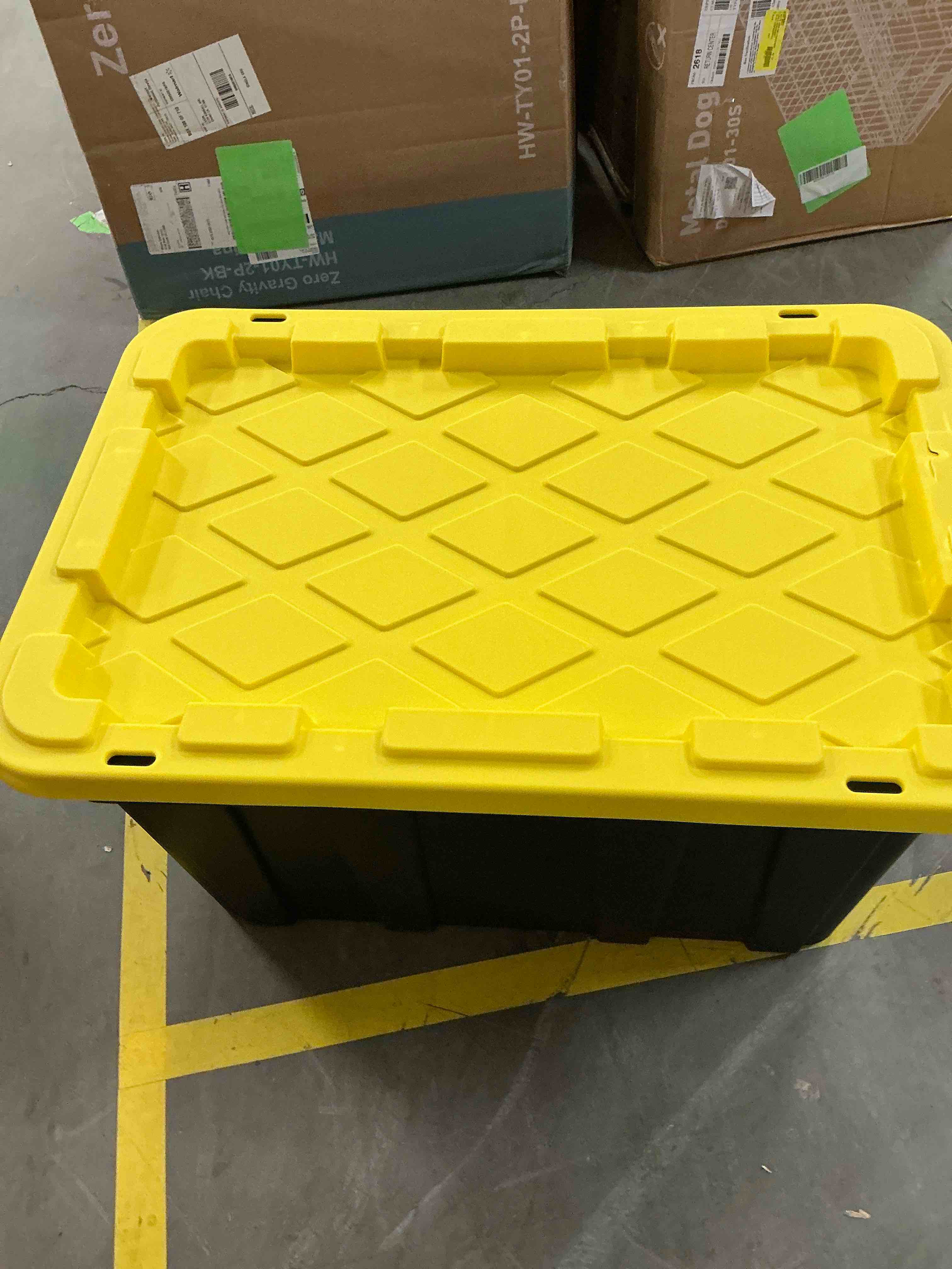 Condition photo showing Good Condition for Stack & Nest Storage Tote W/ Lid, 27 Gal, 28-1/2 in L X 19-5/8 in W X 15-1/2 in H, Black, Plastic