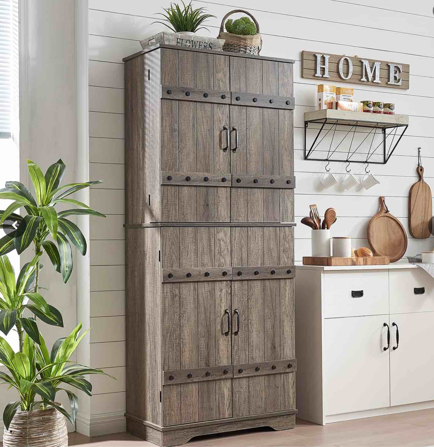 Condition photo showing Good Condition for  72" Tall Farmhouse Kitchen Pantry with Rivet Barn Doors, Rustic Wood Cupboard Storage Cabinet/w Drawer & Adjustable Shelves for Dining Living Room, Bathroom & Hallway, Rustic Gray