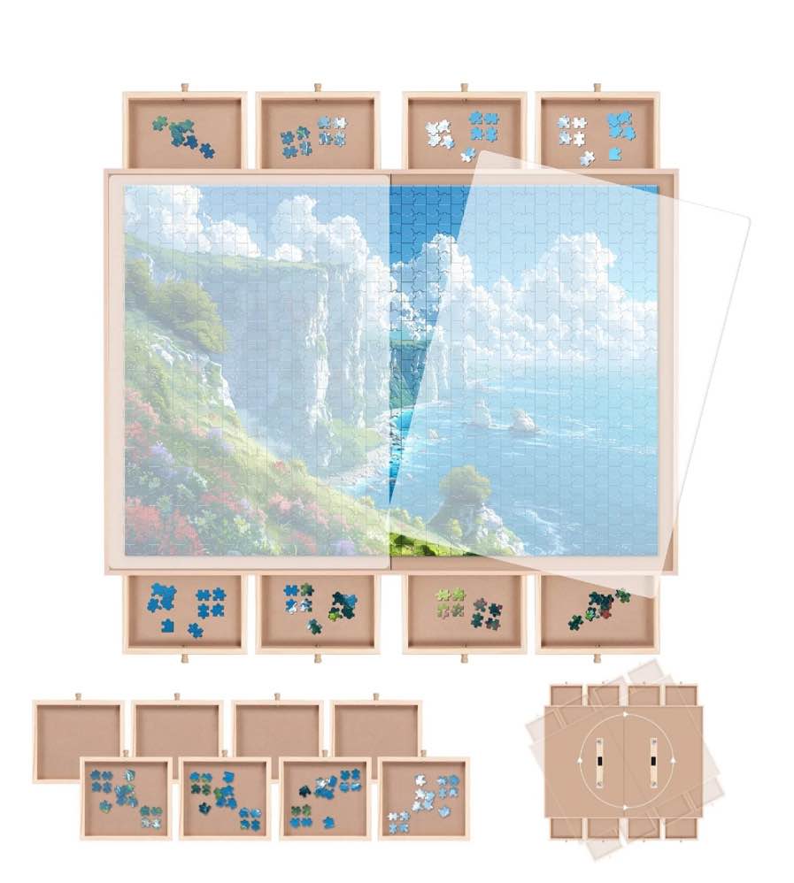 1500 Piece Puzzle Board With Cover And 8 Drawers , 34" X 26" Wooden Rotating Jigsaw Puzzle Table, Fold Spinning Puzzle Boards For Adults
