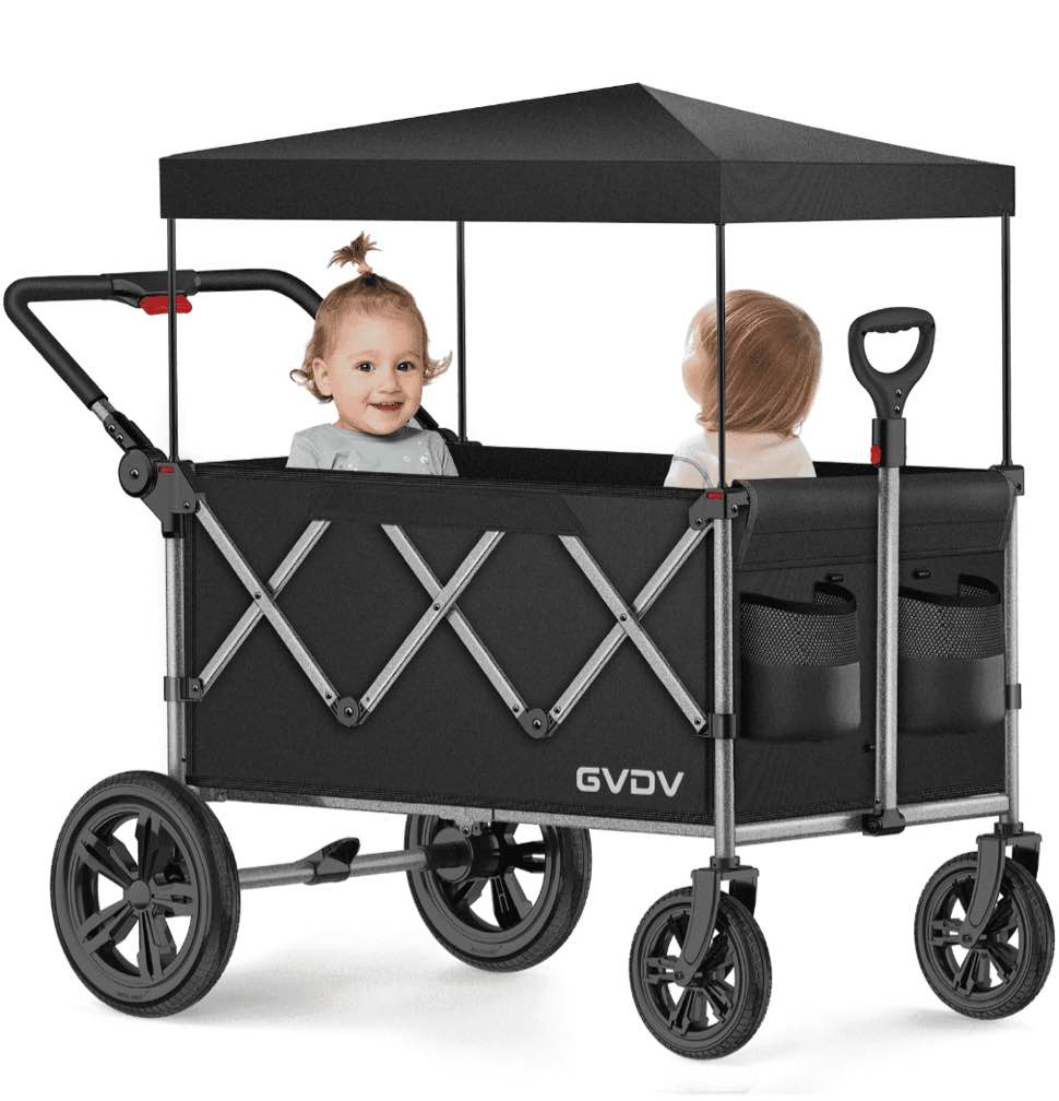 GVDV Wagon Stroller for Kids, 2-Seater Collapsible Stroller Wagon for Toddlers with 5-Point Harness, Pull & Push Handle, Removable Canopy and All-Terrain Wheels, 330lbs Capacity, Black