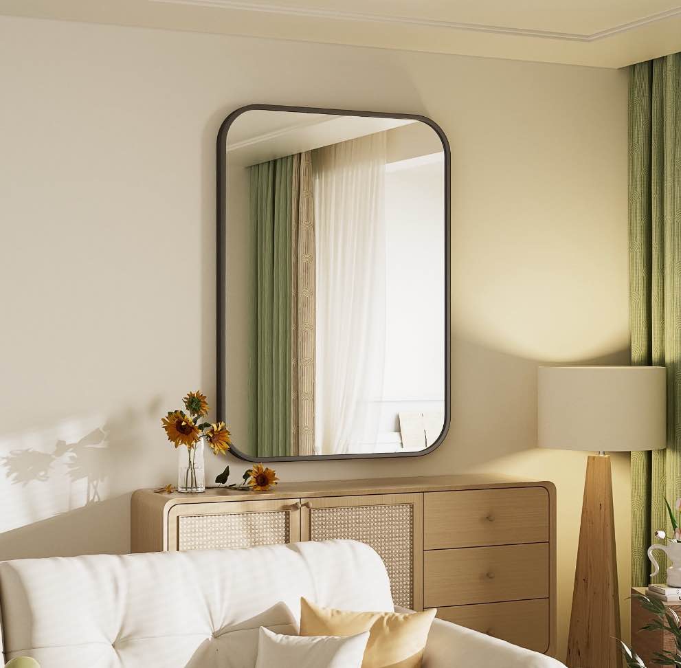 YVANLA 28 x20 Rectangular Bathroom Mirror Round-edged Wall Mounted Mirror with Aluminum Alloy Frame Black