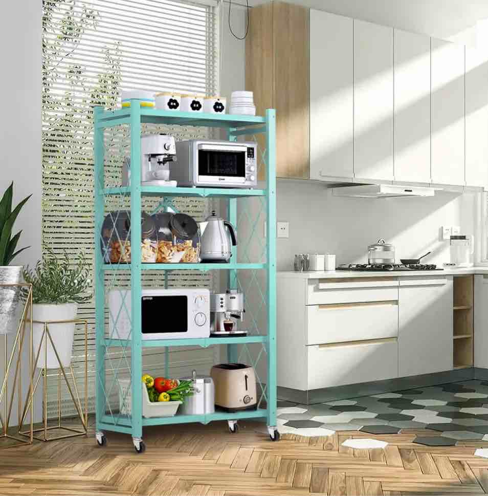 COOKCOK 5-Tier Storage Shelving Unit Metal Shelf 27.9 x13.4 x62.5 Foldable Storage Shelf with Wheels Garage Shelf Metal Storage Rack Kitchen Shelf with 4 Hooks No Assemble Require Blue