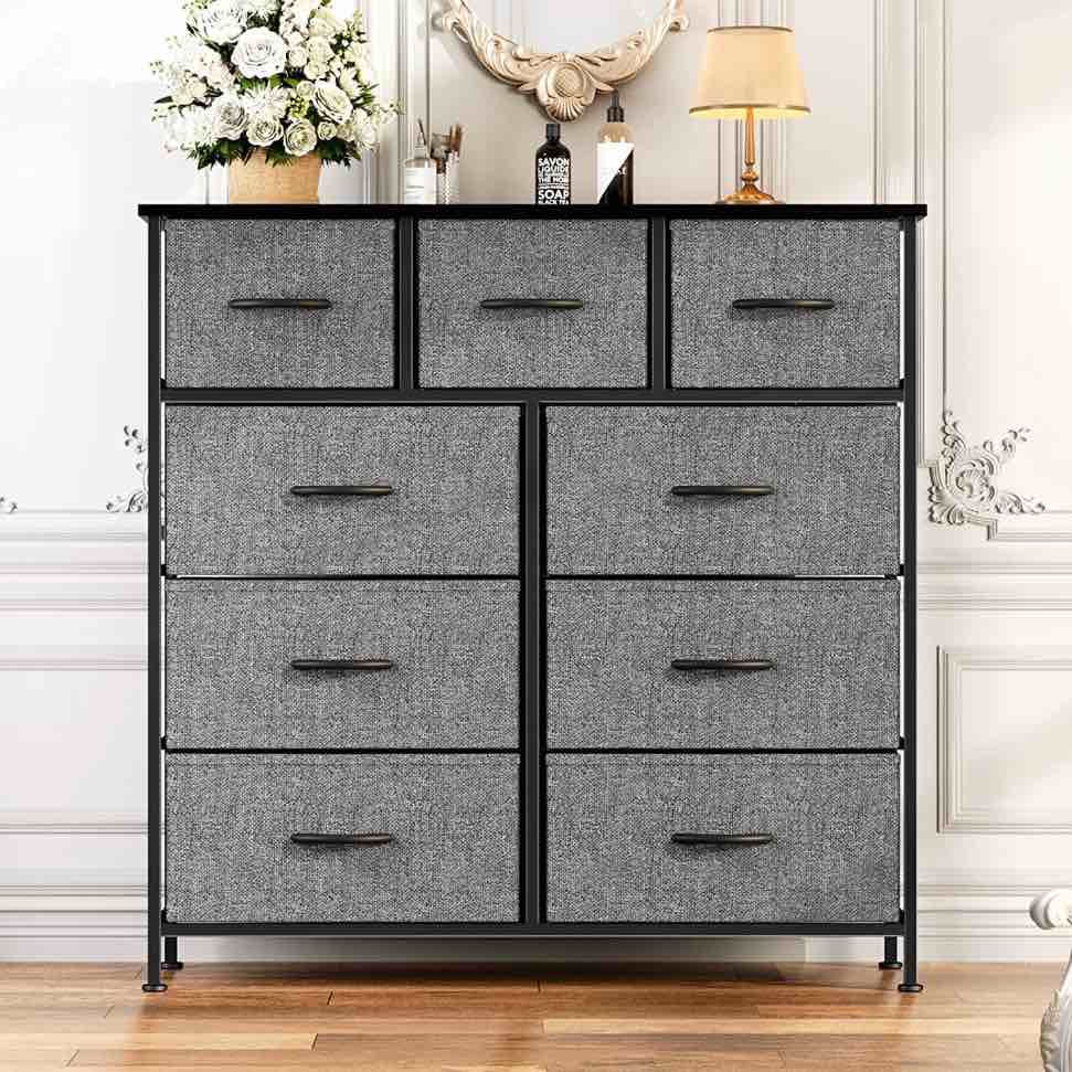 ZUNMOS Fabric Dresser for Bedroom 9 Drawer, Grey