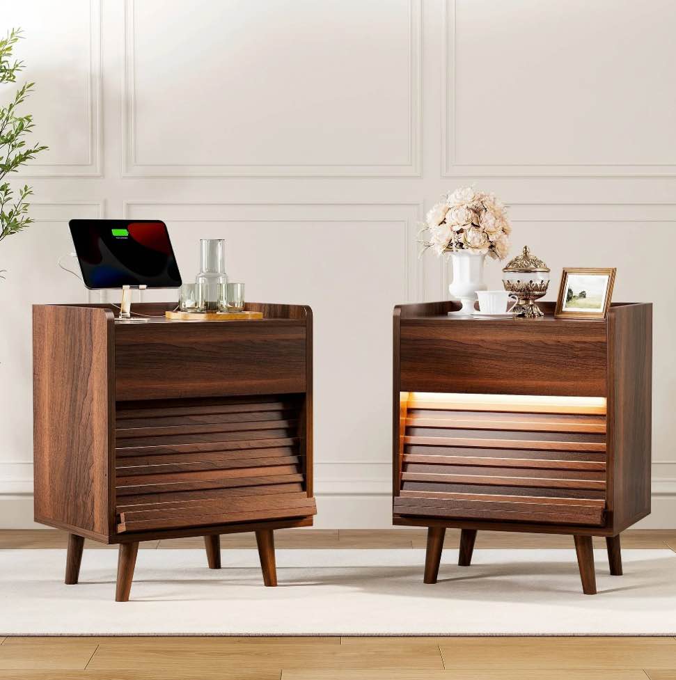 GUNAITO Nightstand with Charging Station Bedside Table with LED Light Wood Nightstand with Drawers End Table for Small Space Walnut 2pcs