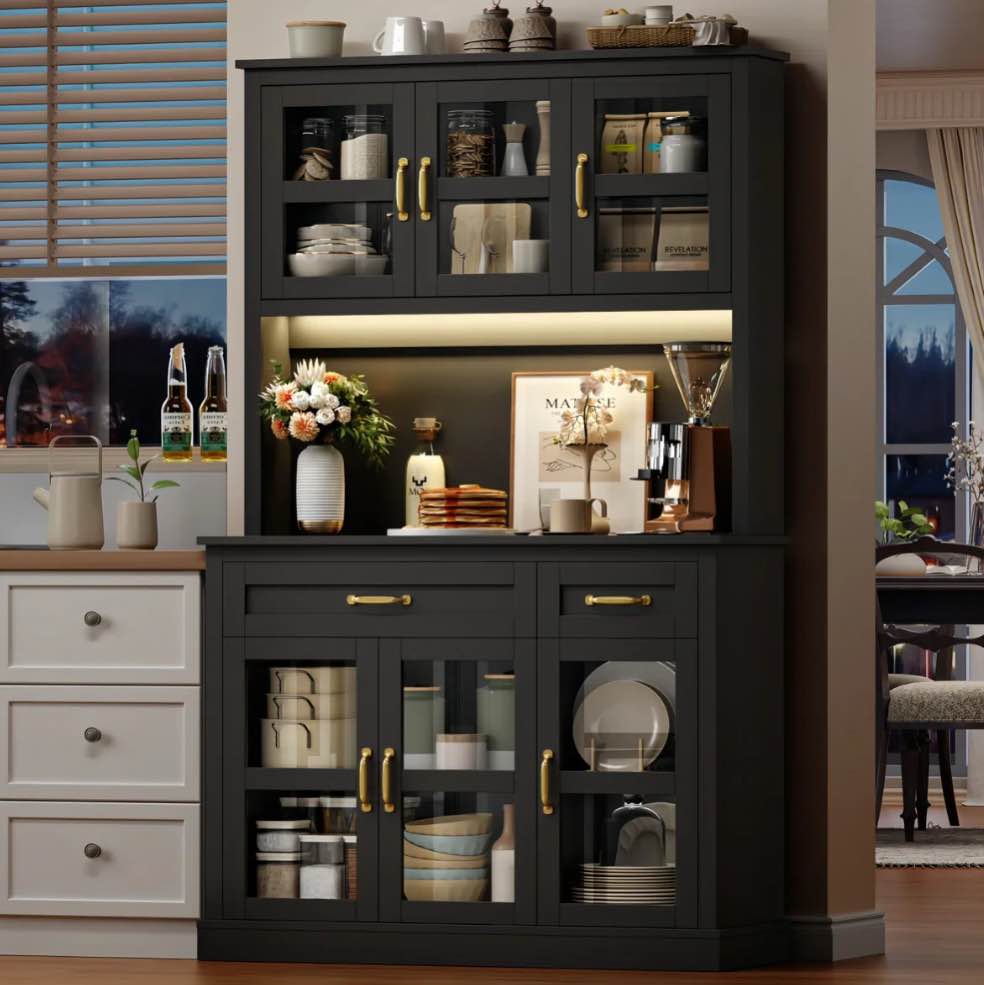 Hiphuta 71" Kitchen Pantry Cabinet with Charging Station & Light, Tall Pantry Large Storage Space Cabinet with Microwave Stand, Modern Freestanding Hutch with Countertop for Dining Room, Black