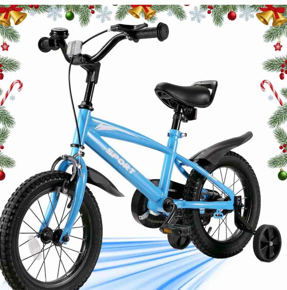 Naipo  14 Inch Kids Bike Girls and Boys Blue Bike with Removable Training Wheels