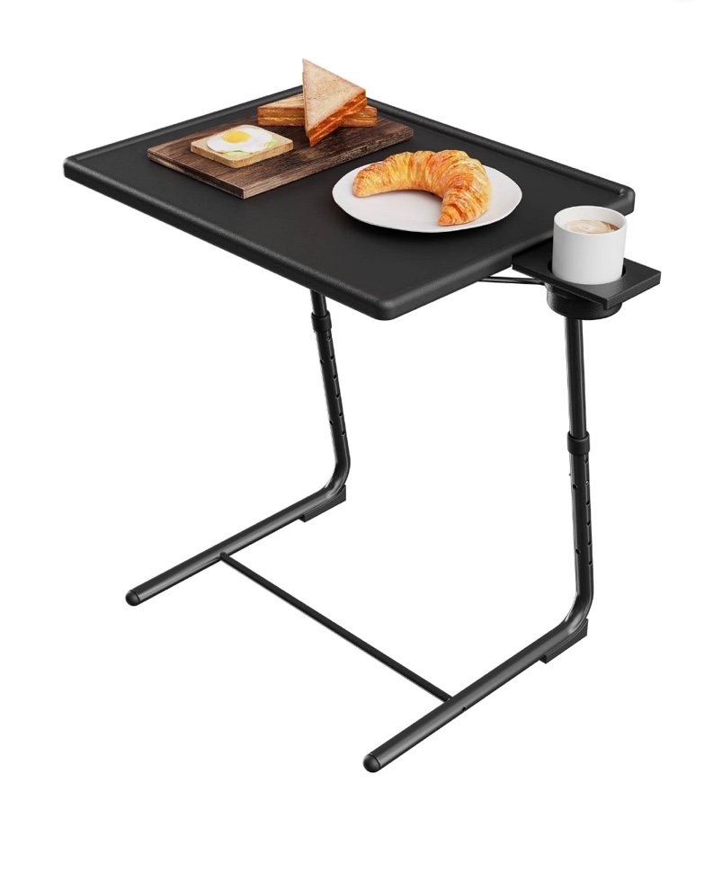 TV Tray Table with Cup Holders, Portable C-Shaped Side Dinner Tray Table, Adjustable 6 Heights & 3 Tilt Angle for Living Room, Bedroom, Black