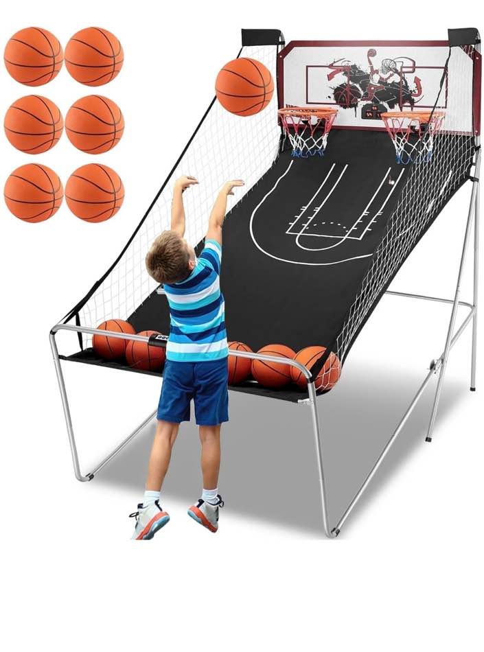 Dual Shot Basketball Arcade Game, Segmart 81"x44" Foldable Indoor Electronic Arcade Basketball Game with 6 Balls, 8 Modes, LED Scoreboard, Air Pump, Battery Powered for Adults, Black