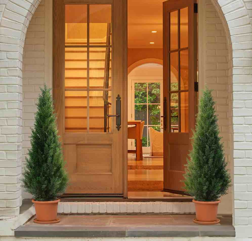 Artificial Cedar Tree 2 Pack 4 ft Outdoor Artificial Topiary Cedar Plants Fake Tree UV Rated Potted Tree for Perfect Housewarming Gift, Set of 2