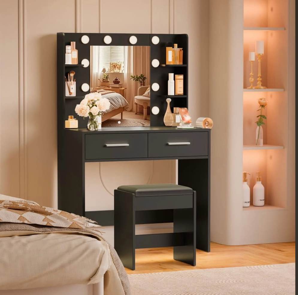 Furmax Makeup Vanity Table and Chair Set with 3 Modes Adjustable Lights and Mirror Vanity Desk with Shelves and Drawer, Black