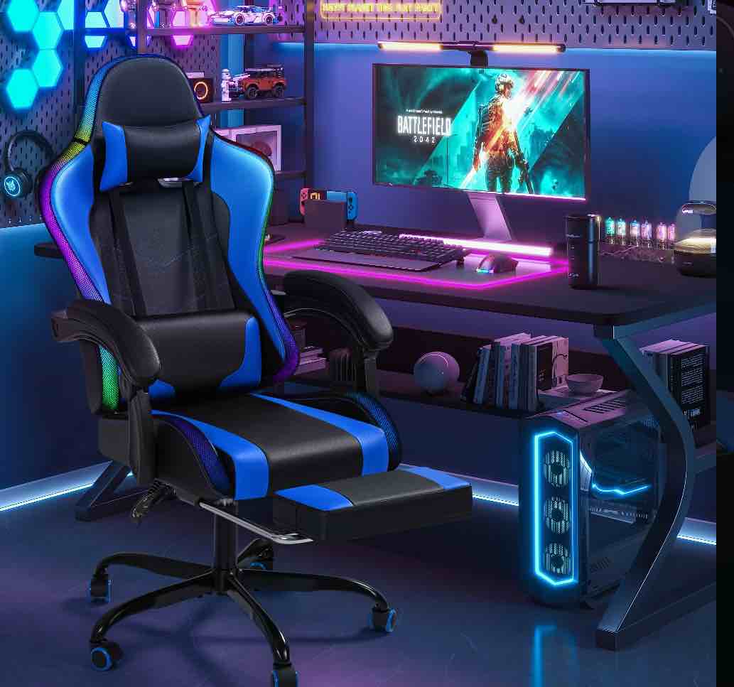 Homall RGB Gaming Chair with APP & Remote Control, LED Lights Ergonomic Computer Chair with Footrest & Massage Lumbar Support, Blue