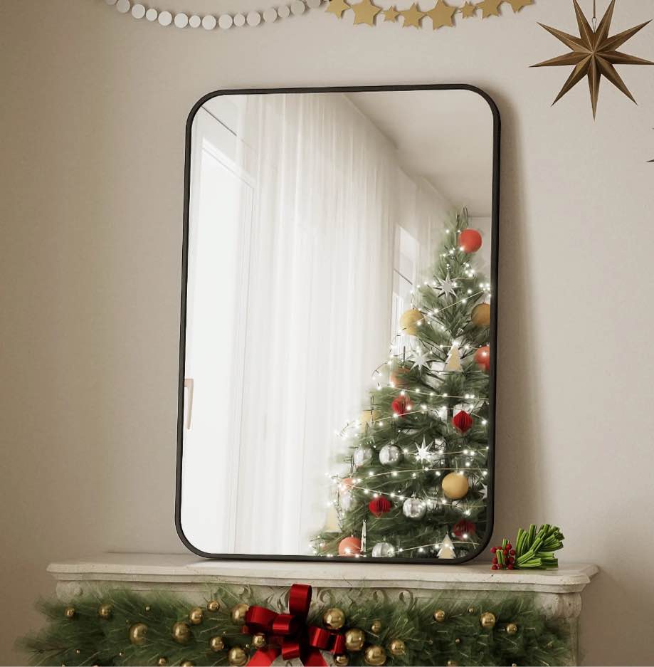 BEAUTYPEAK 26"x38" Wall Mirror Rounded Corners Hanging Vanity Mirror Black