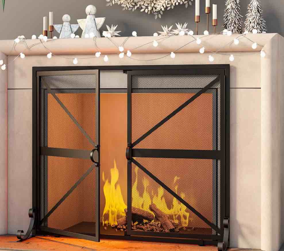 Fire Beauty Fireplace Screen with Doors, 2-Pannel Handcrafted Solid Wrought Iron Decorative Mesh,Baby Safe Proof Firewood Burning Stove Accessories(Black)