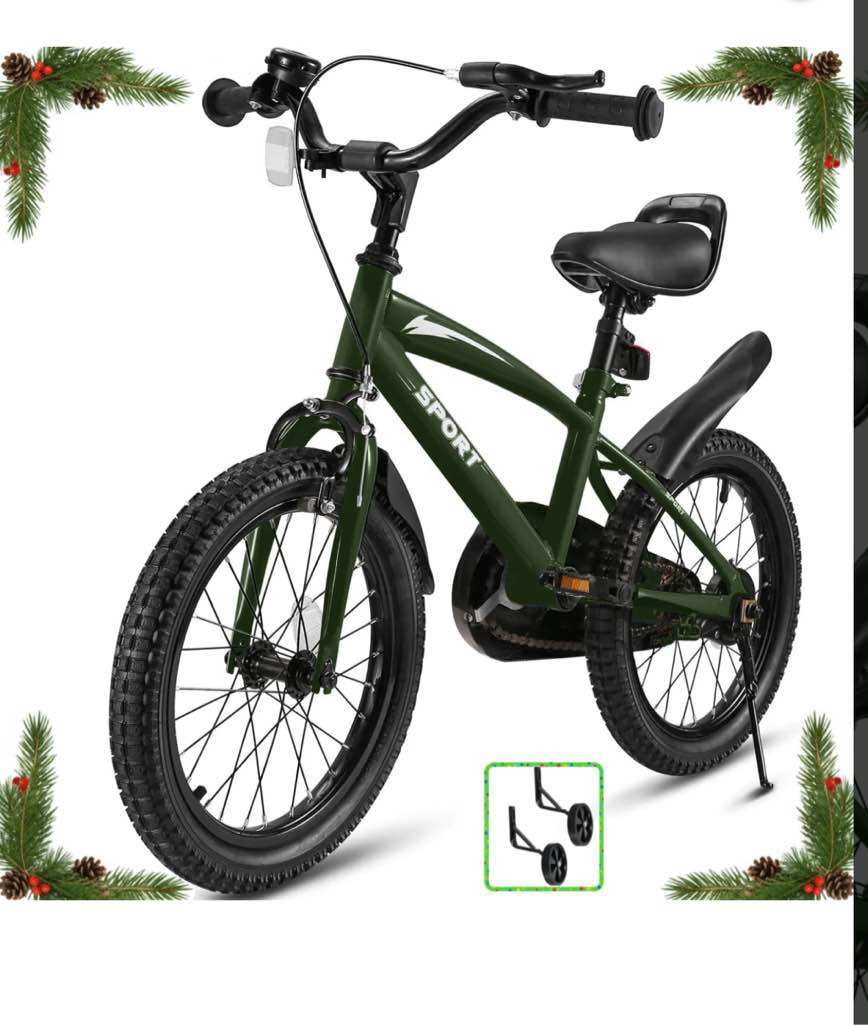 Naipo 16 in Green Kid Bike Kickstand with Training Wheels Children Bikes Boys Girls