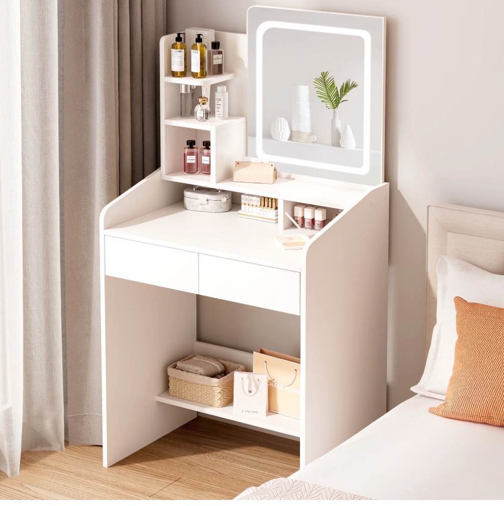 LIVELYGLOW Vanity Desk Set with Square Mirror and Light- Small Vanity Table with Drawers- White