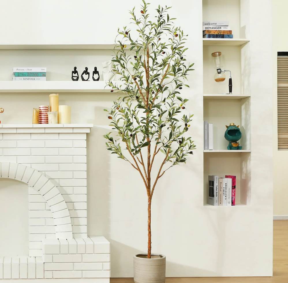 7 ft Artificial Olive Plants with Realistic Leaves and Natural Trunk, Silk Fake Olive Tree in Black Plastic Pot, Faux Olive Tree for Office Home