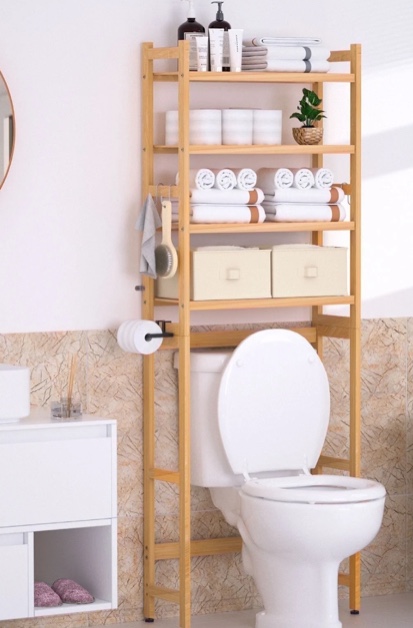VigorPro Over the Toilet Storage Shelf,Bamboo Bathroom Organizer with 2 Baskets and 4 Hooks,4-Tier.