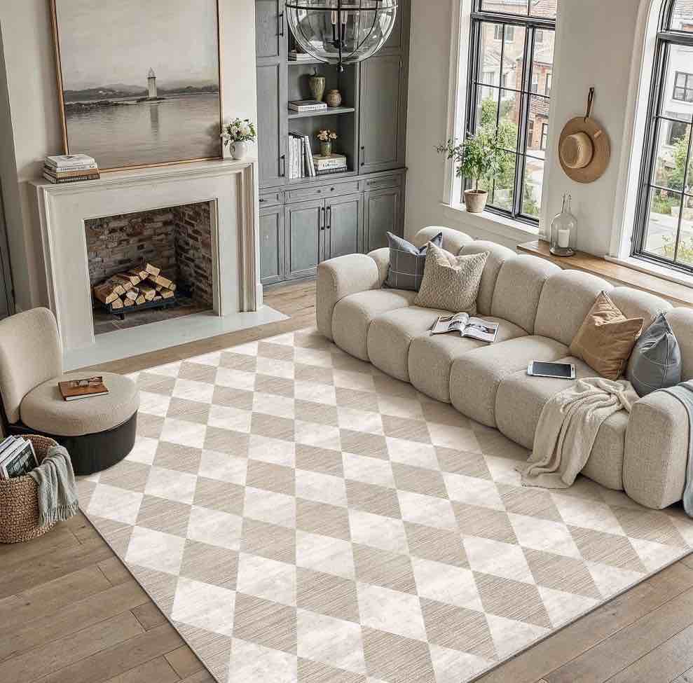 BERTHMEER 8 x10  Area Rugs for Living Room Modern Rhombus Checkered Rug Dining Room Bedroom Kitchen Non Slip Washable Farmhouse Office Geometric Contemporary Rugs Carpets Beige