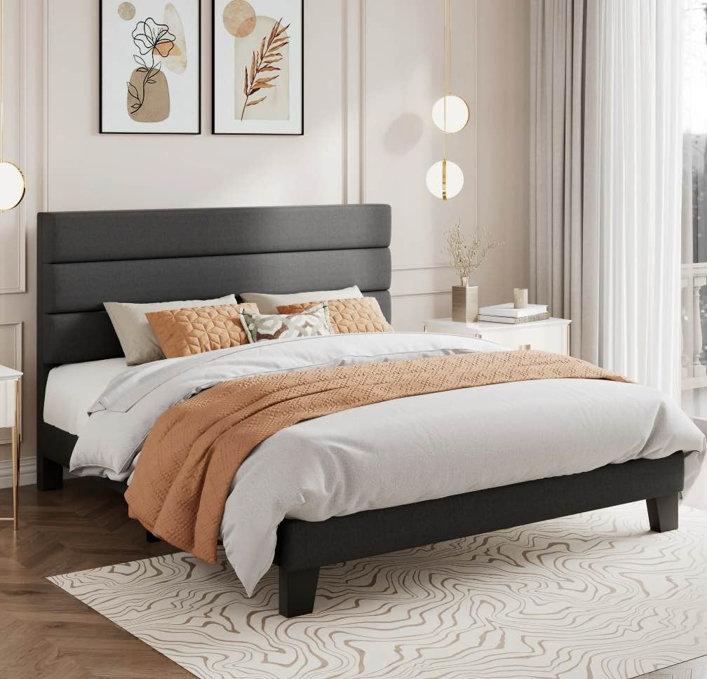 Amolife Full Bed Frame  Platform Bed Frame with Fabric Upholstered Headboard  Dark Grey