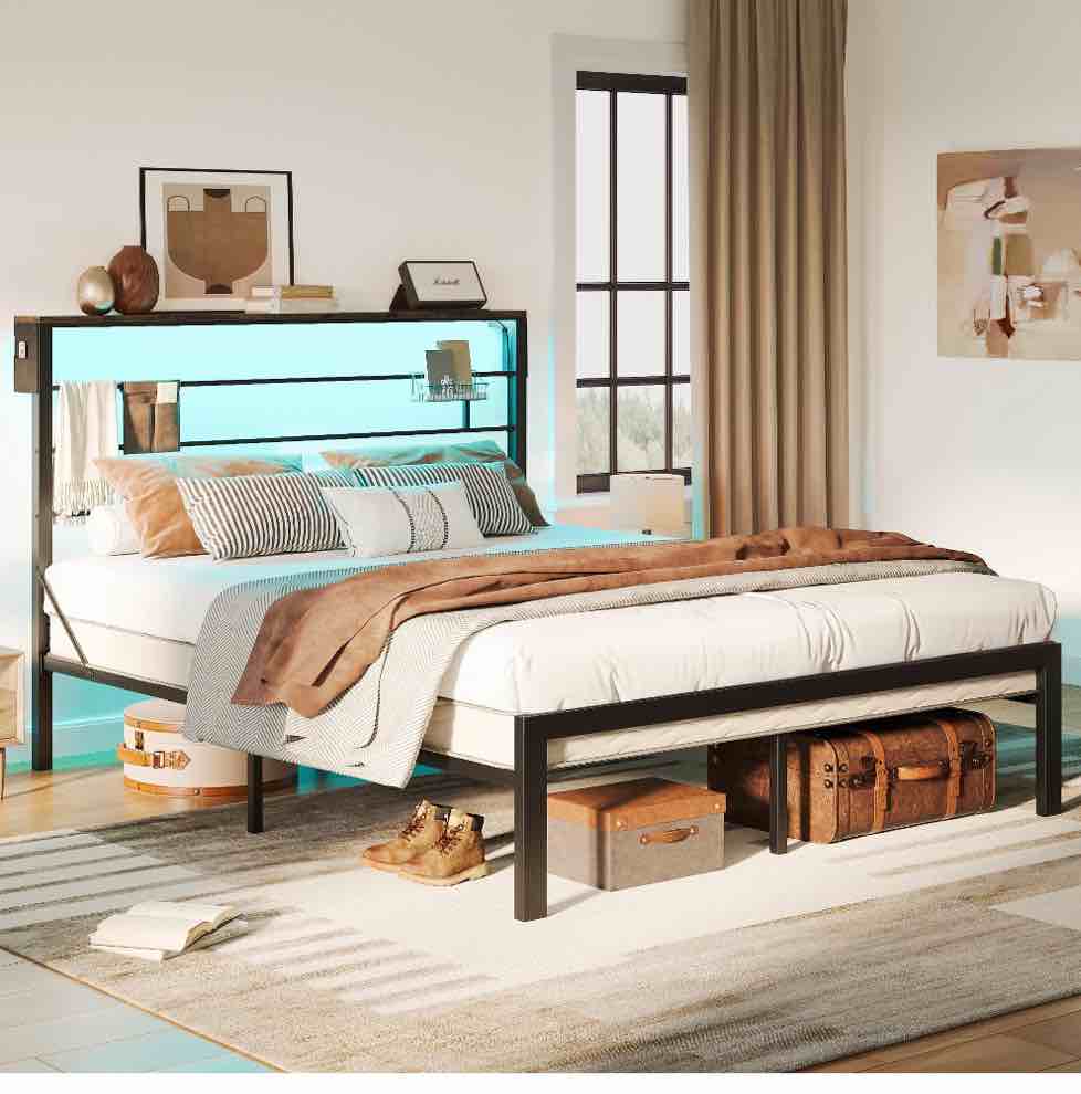 Bestier Queen Size Bed Frame with 49.2" High LED Storage Headboard Shelf, Metal Platform Bed, Black