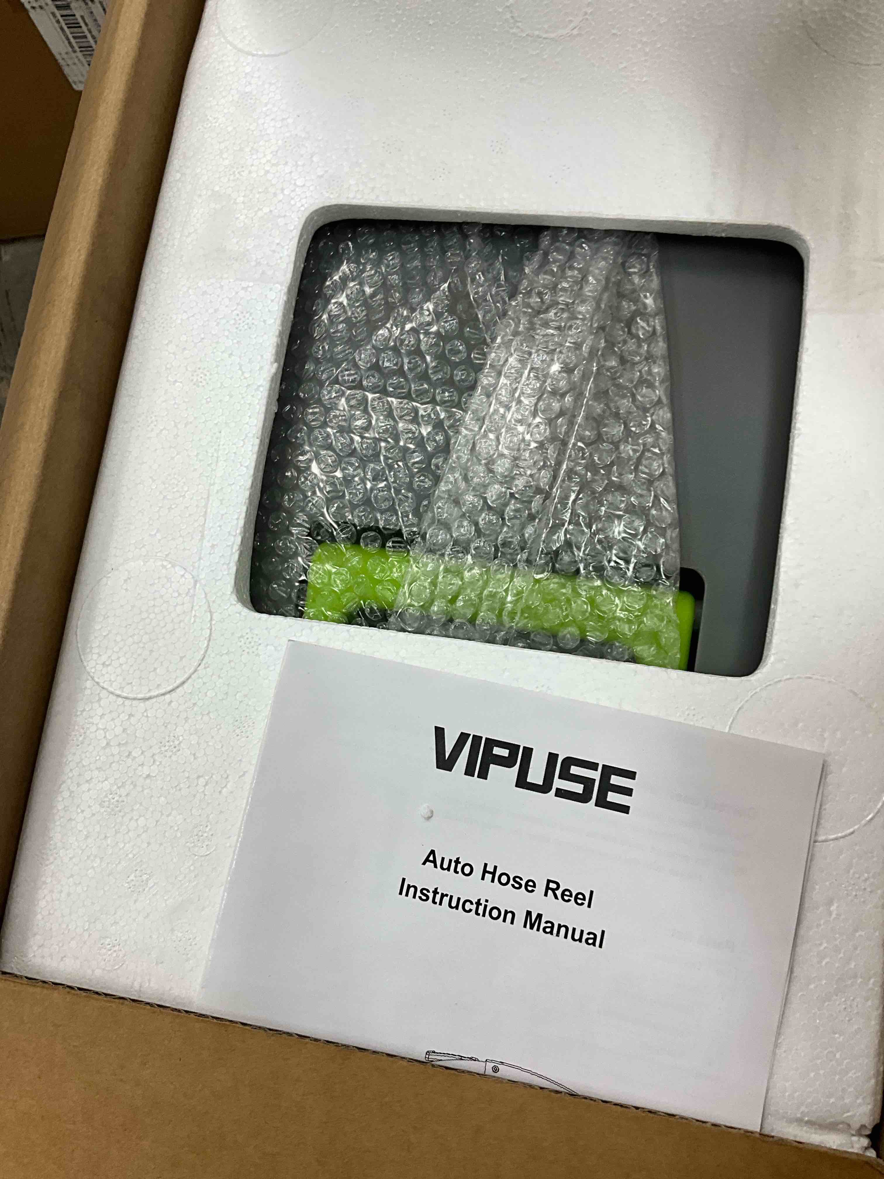Condition photo showing New/Like New for Vipuse Retractable Garden Hose Reel, 1/2 Inch x 100 ft Wall Mounted Garden Hose Reel, with 10 Pattern Nozzle, Any Length Lock, Slow Return System, 180° Swivel Bracket