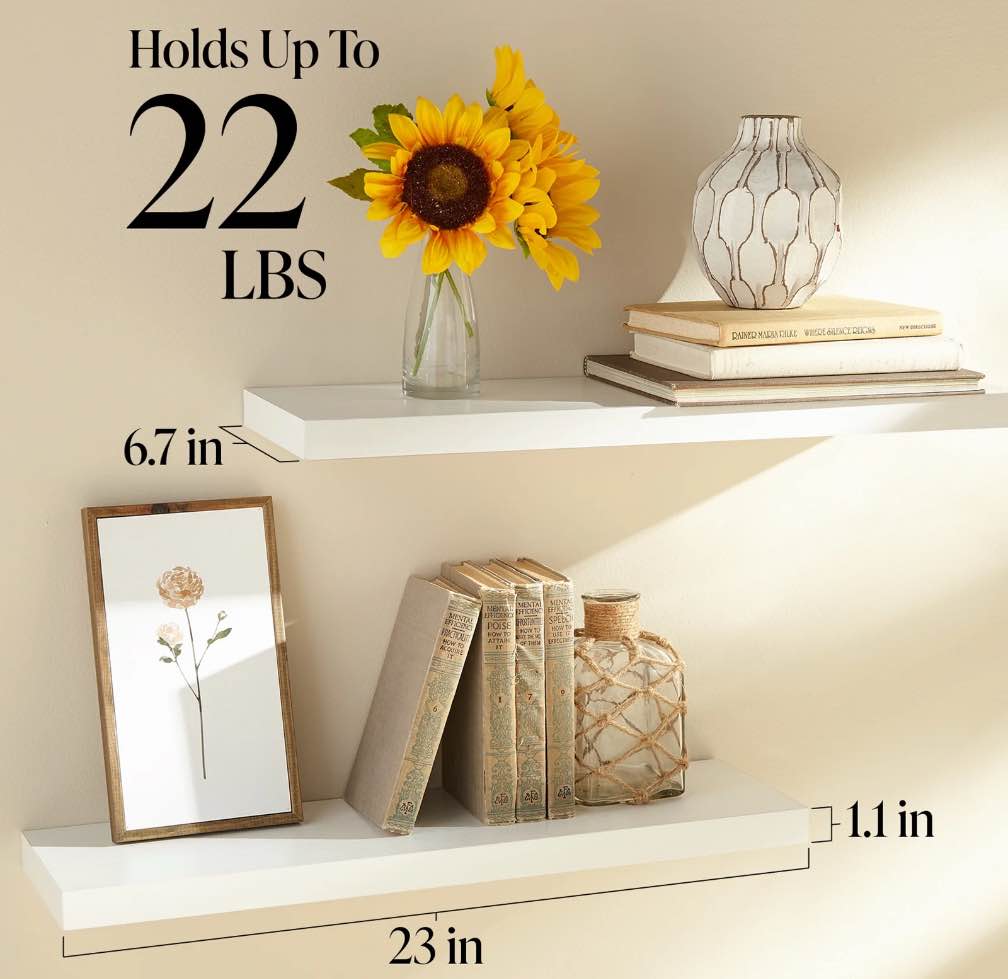 Ophanie 22.5 inch 2 Pack Wood Floating Shelves, Hanging Float Shelf for Wall Mounted Decorative Shelves, 6.7 x 23 Inch, Set of 2, White