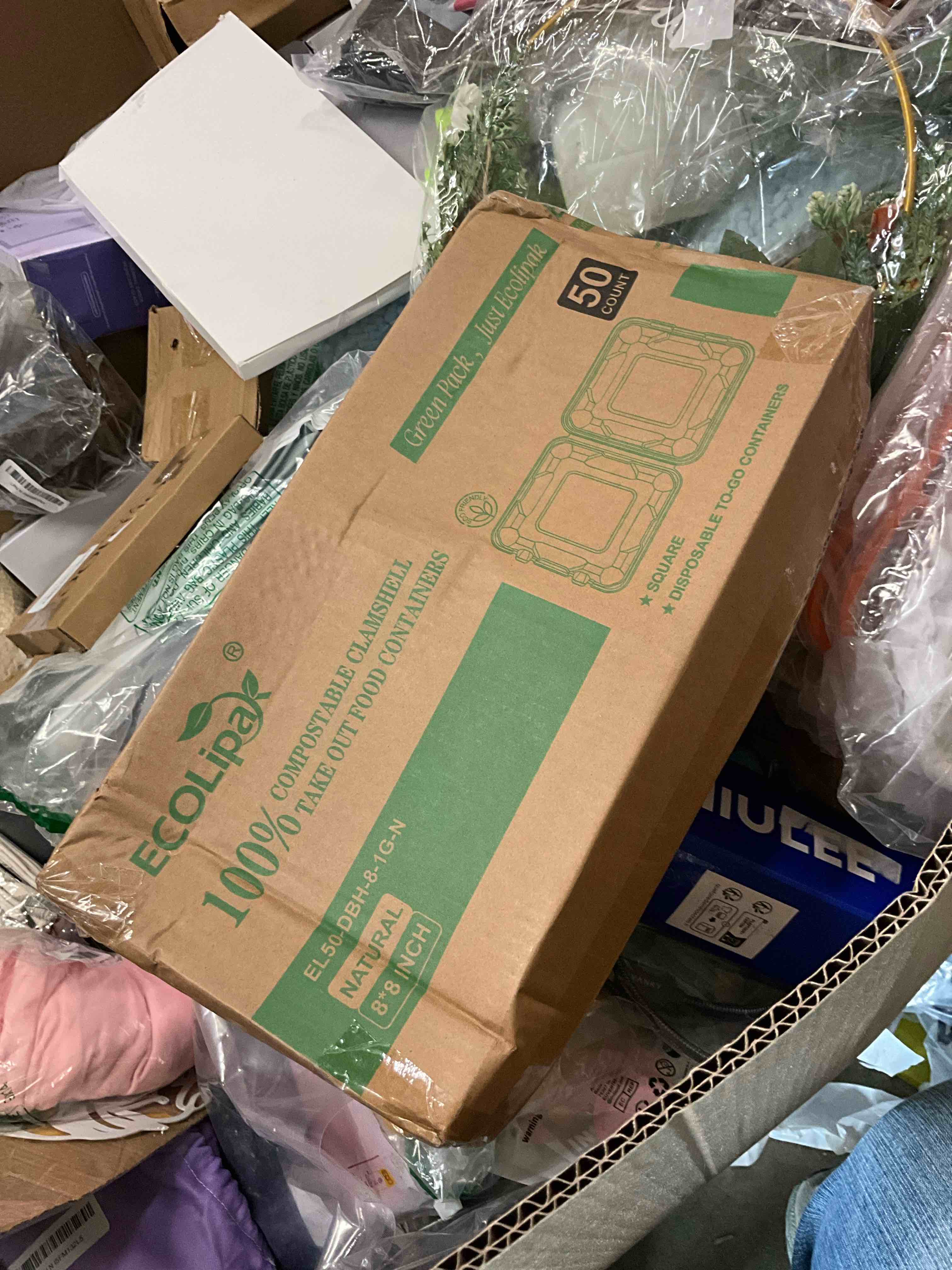Condition photo showing Good Condition for ECOLipak 50 Pack Clamshell To Go Containers, 100% Compostable Disposable Take Out Food Containers, 8X8 inch Heavy-Duty To Go Boxes, Eco-Friendly Biodegradable Take Out Containers For Food 8*8 in,1 compartment