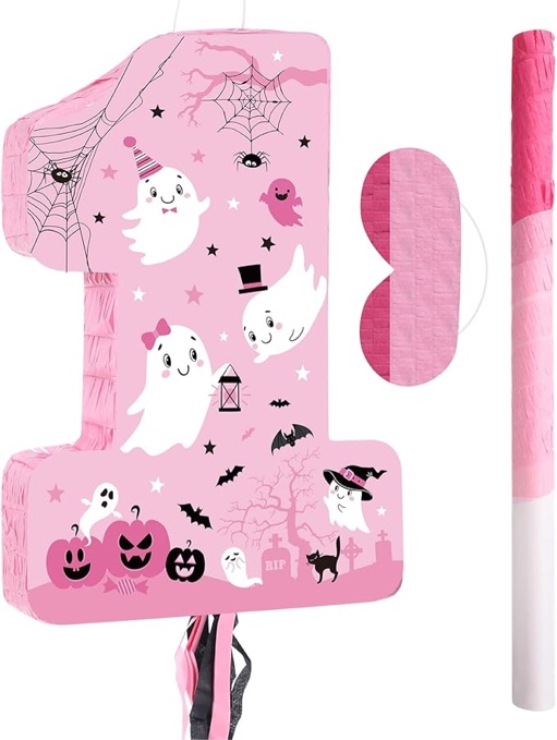 Nezyo Halloween Number 1 Piñata Pink White Pull String 1st Birthday Piñata with Bat Stick Blindfold 
