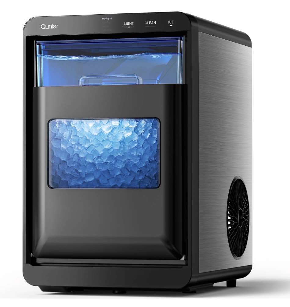 Qunler Nugget Ice Maker Countertop, 44lbs per Day Chewable Pebble Nugget Ice Machine with Touch Screen for Home, Kitchen, Office, Stainless Steel, Black