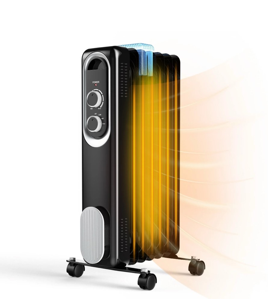 CONCETTA Portable Electric Oil Heater, 1500W Oil Filled Radiator with Adjustable Thermostat, Overheat and Tip-Over Protection, Quiet Heating for Home, Black