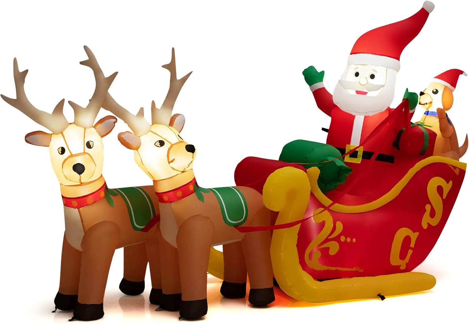 Tangkula 7.2 FT Long Christmas Inflatable Santa on Sleigh, Christmas Inflatable Santa Claus Pulled by 2 Reindeer with LED Lights Dog & Gifts, Outdoor Inflatable Santa in Sleigh and Reindeer for Yard