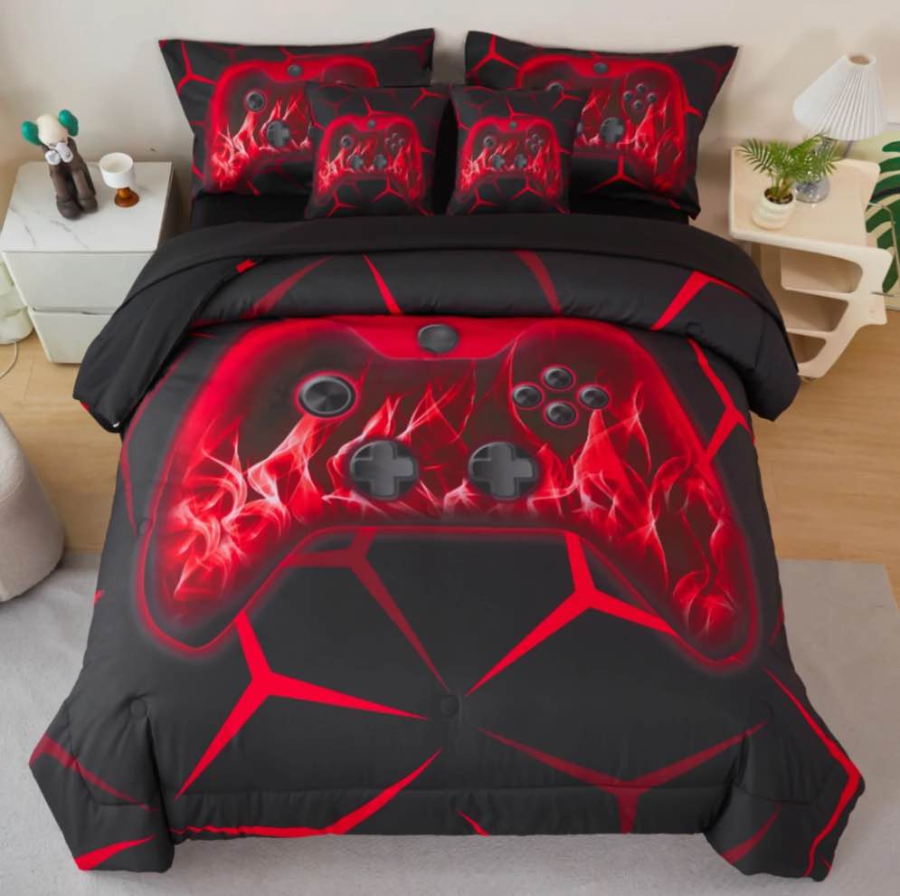 ZRNBAST Twin Bed in a Bag Gaming Bedding Sets for Boys 7 Pcs Red Video Game Comforter with Sheet Set Soft Gamer Bedding Sets Lightweight Microfiber Game Bed Set for All Season(Red,Twin)