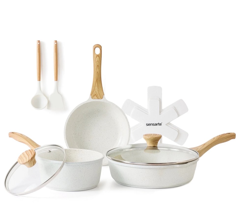 SENSARTE Ceramic Nonstick Pots and Pans Set  10 Pieces Healthy Non Stick Cookware Set  Induction Kitchen Pan Sets White  PFAS and PFOA Free