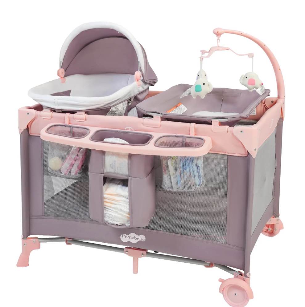 Pamo Babe 4-in-1 Baby Playard with Bassinet & Changing Table for Newborn,4-Panels Playpen
